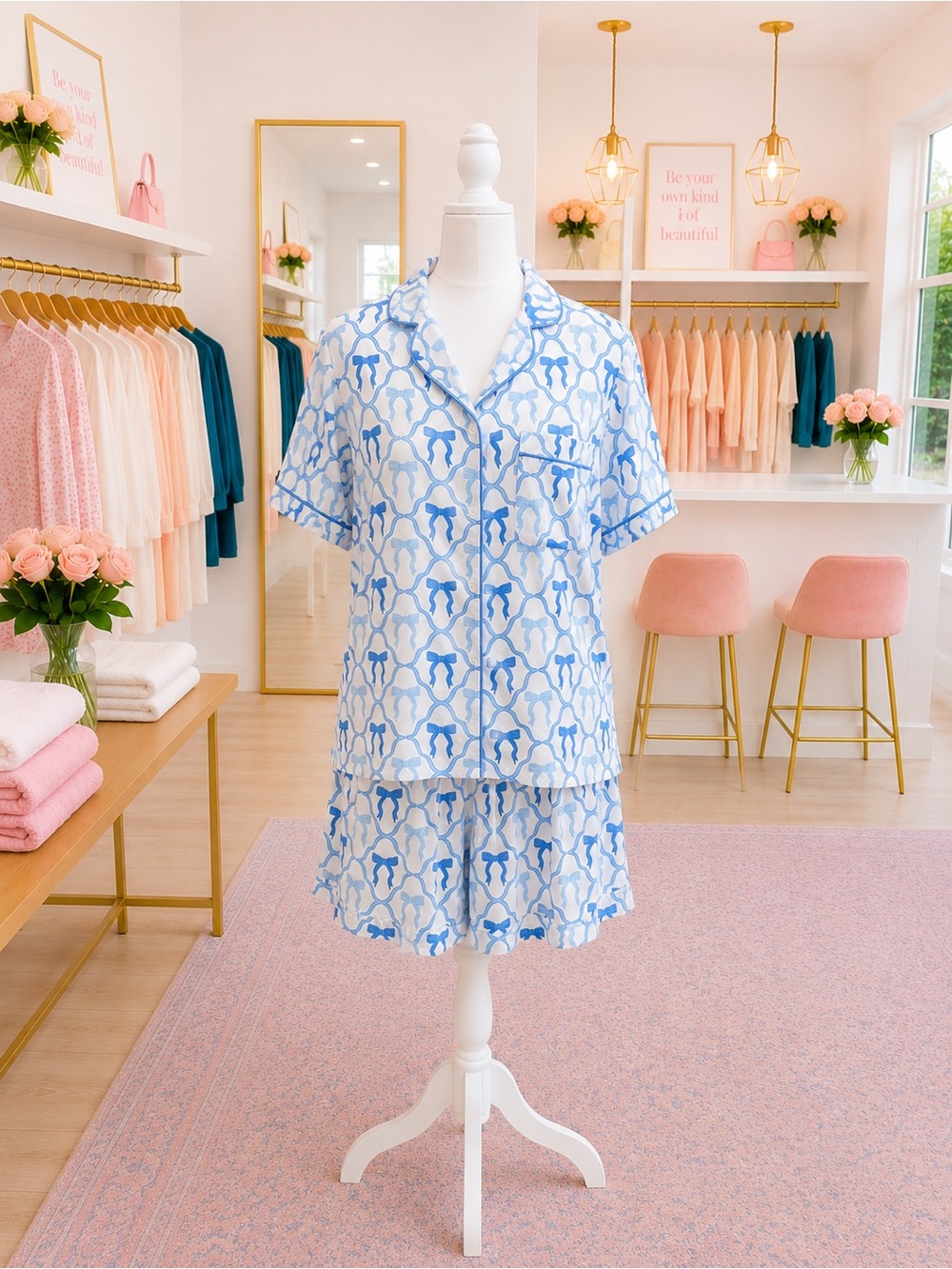 Katy Did Blue Bow Print Ruffle Shorts Pajama Set Sizes S XL 2X NWOT